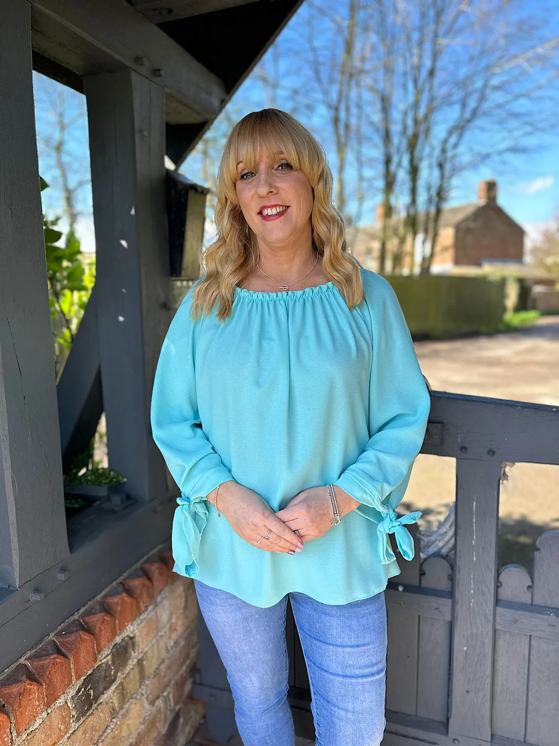 Aqua Tied Sleeve Bardot Top Trinity