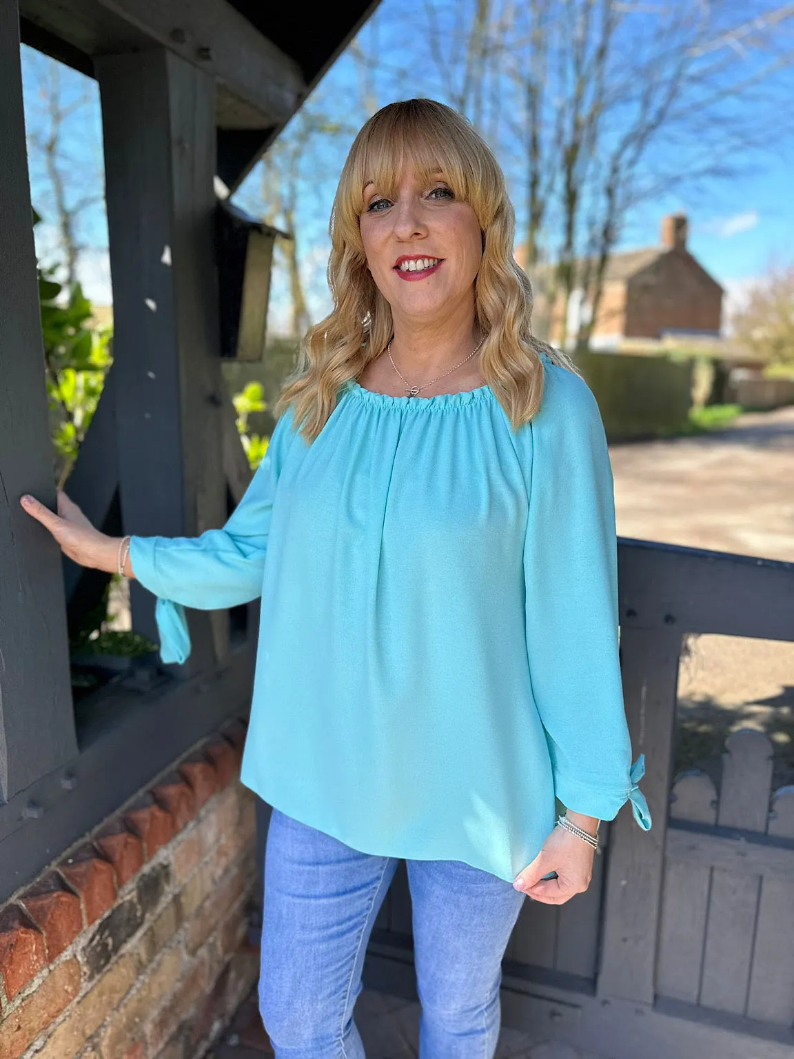 Aqua Tied Sleeve Bardot Top Trinity