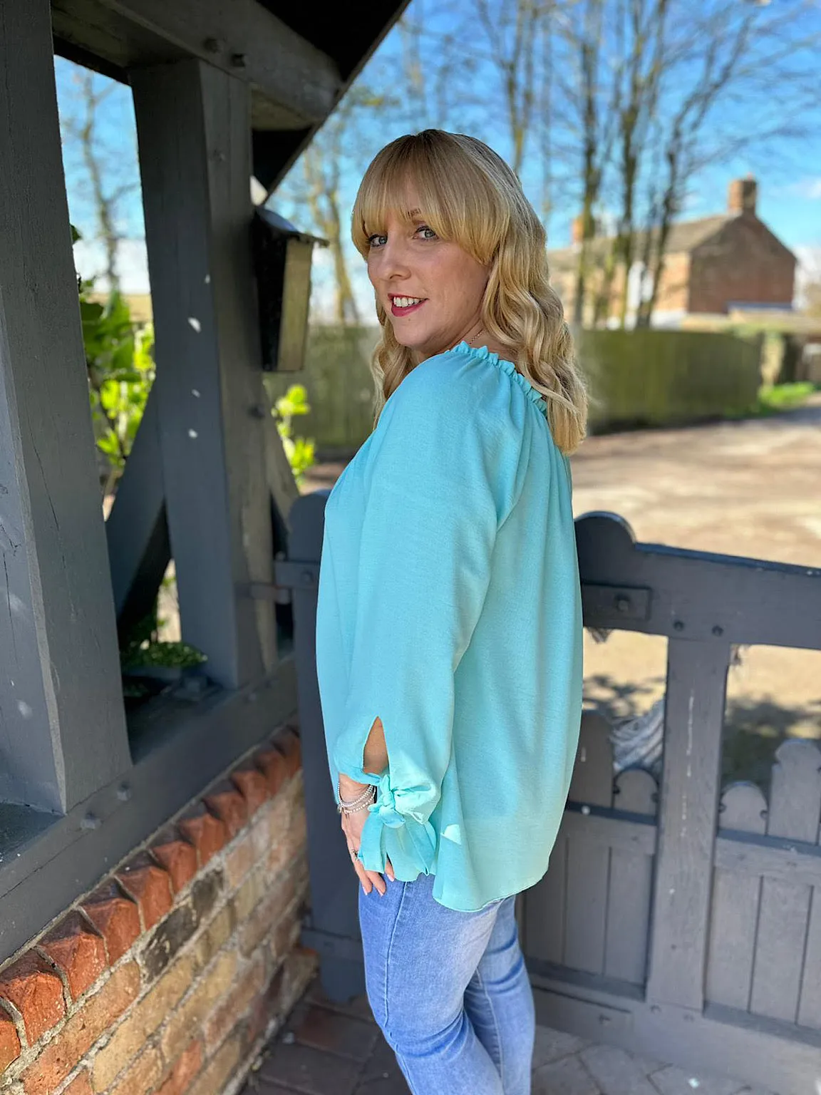 Aqua Tied Sleeve Bardot Top Trinity