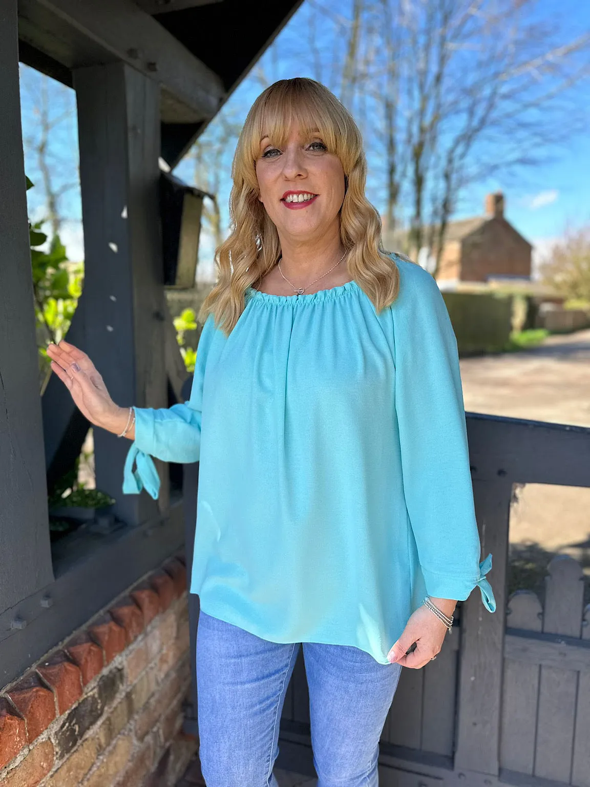 Aqua Tied Sleeve Bardot Top Trinity