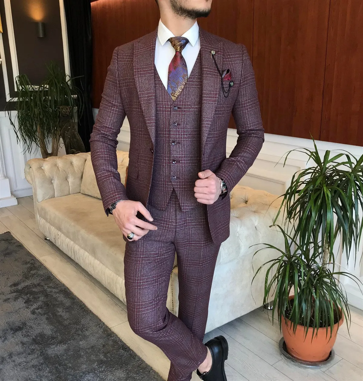 Bojoni Claret Red Plaid Slim-Fit Suit 3-Piece