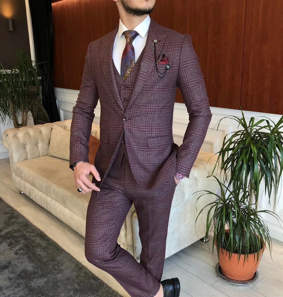 Bojoni Claret Red Plaid Slim-Fit Suit 3-Piece