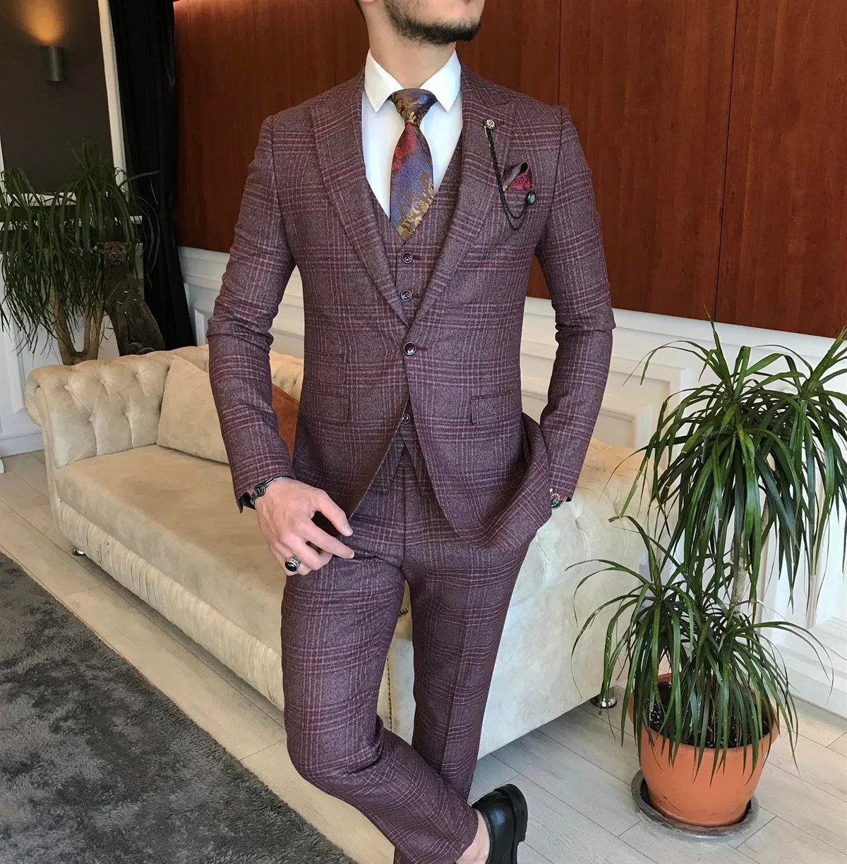 Bojoni Claret Red Plaid Slim-Fit Suit 3-Piece