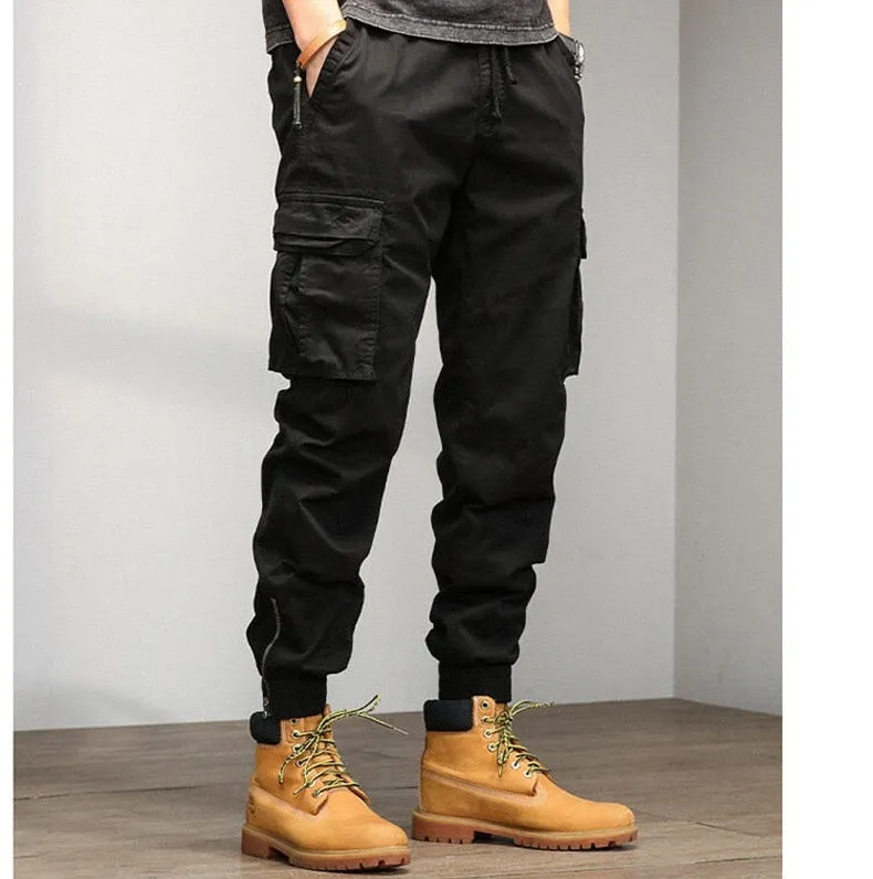 Casual Fashion Men's Elastic Mid Waist Multi Pocket Cargo Pants Trousers