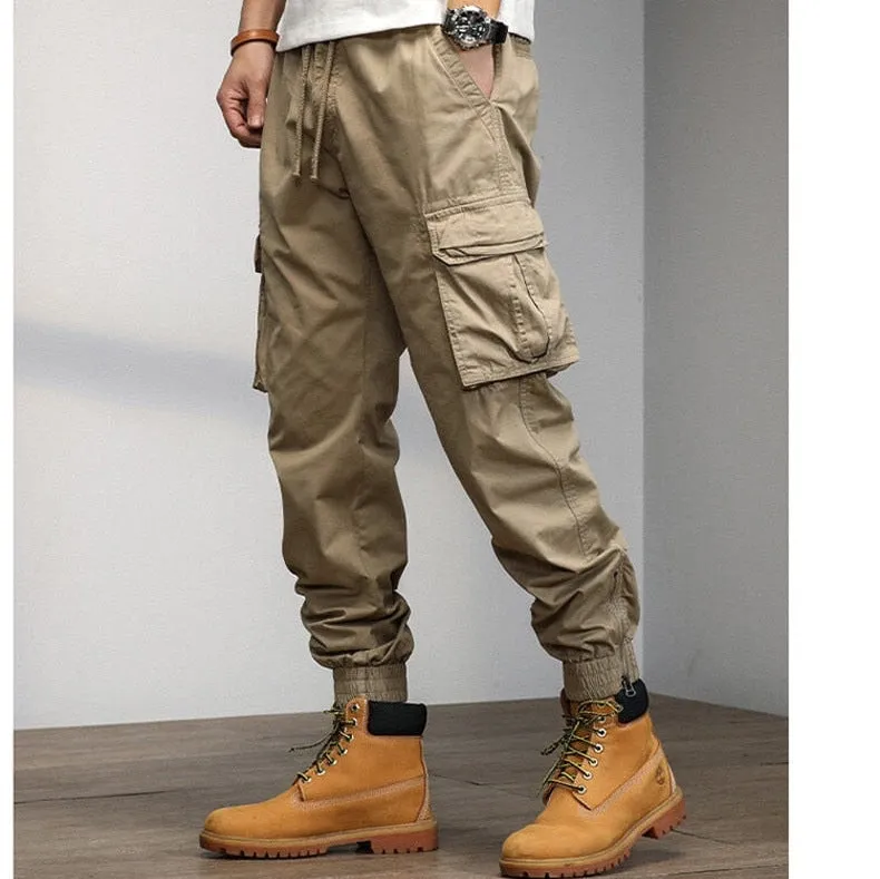 Casual Fashion Men's Elastic Mid Waist Multi Pocket Cargo Pants Trousers