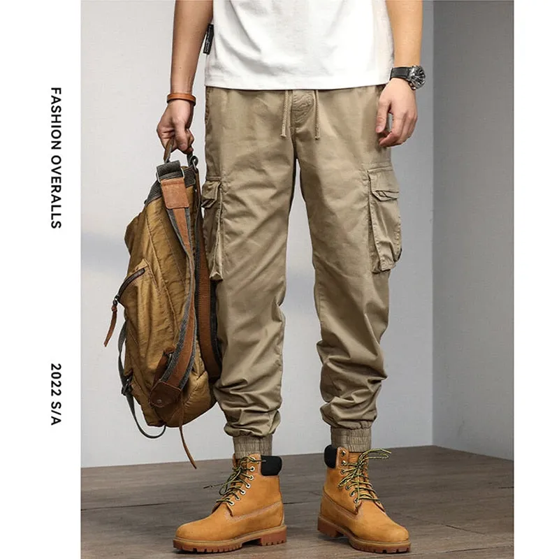 Casual Fashion Men's Elastic Mid Waist Multi Pocket Cargo Pants Trousers