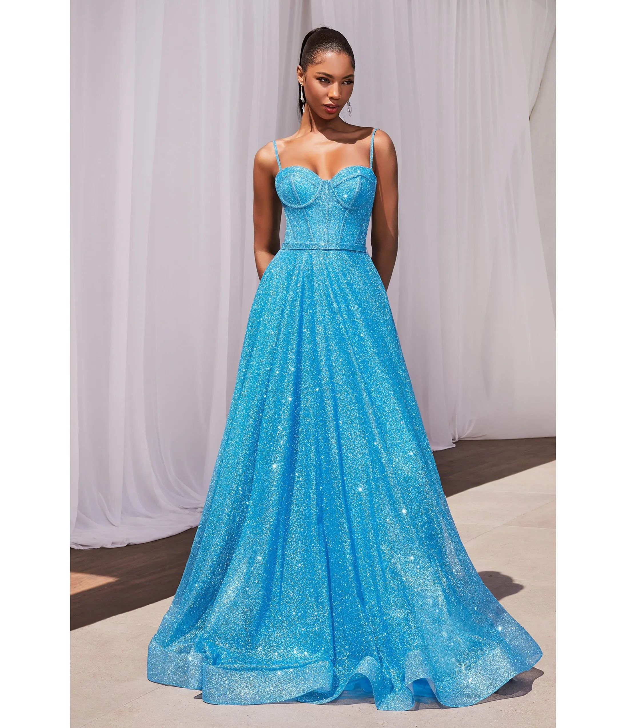 Cinderella Divine Ocean Blue Glitter Strapless Prom Gown