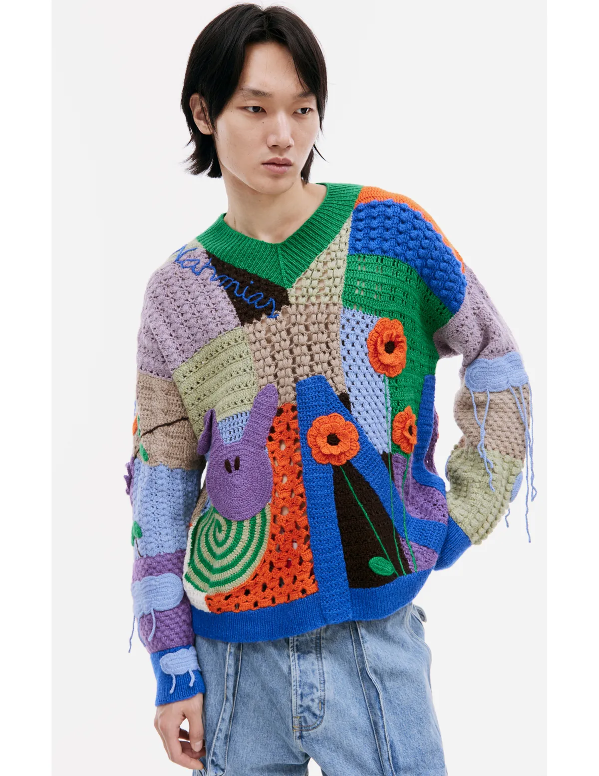 Crochet V-Neck Sweater - Multicolor