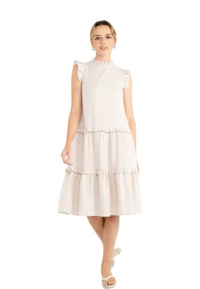 ELLE Apparel Ruffle Sleeves Tie Back Linen Midi Dress