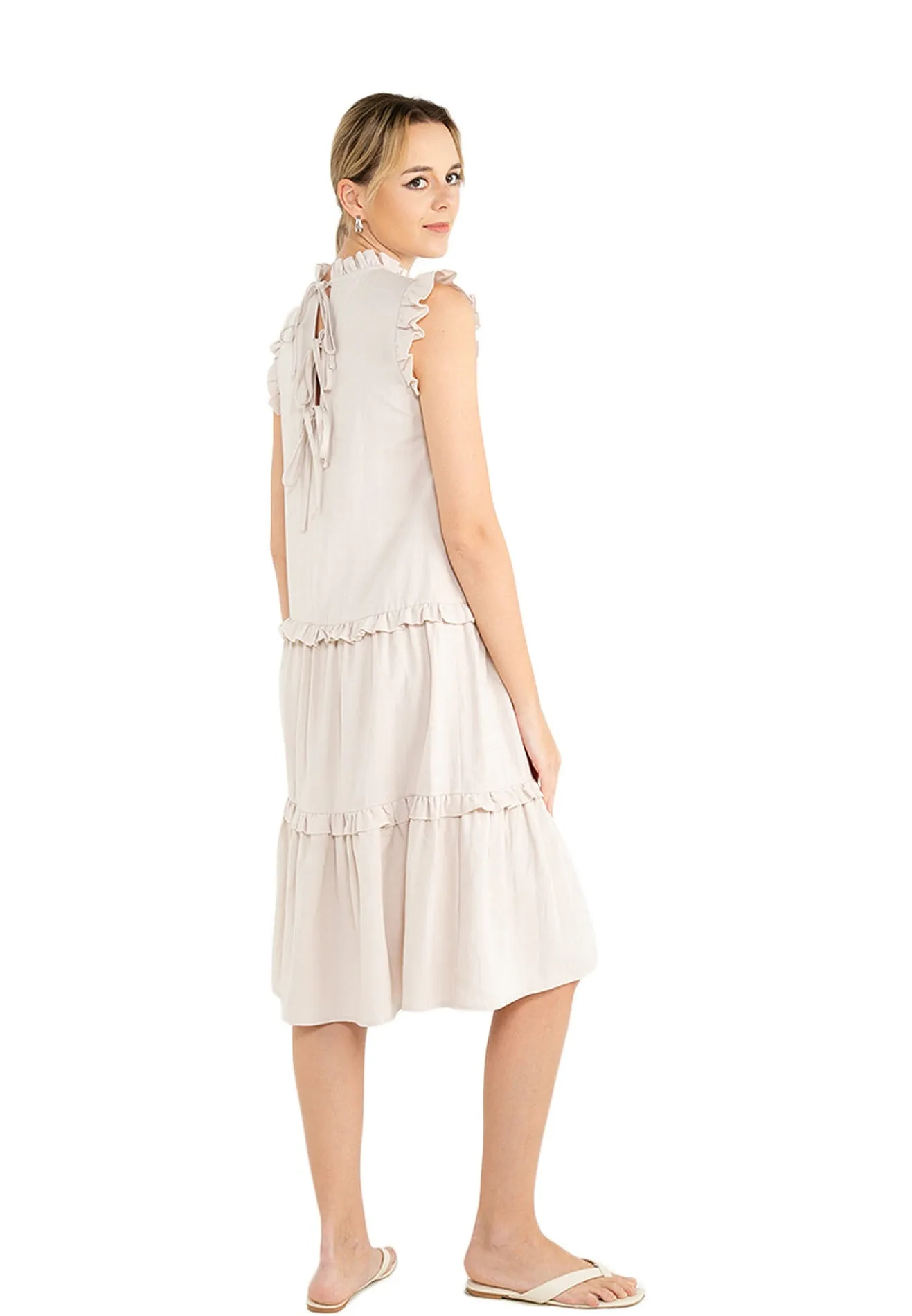 ELLE Apparel Ruffle Sleeves Tie Back Linen Midi Dress