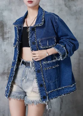 French Denim Blue Tasseled Patchwork Loose Coat Fall