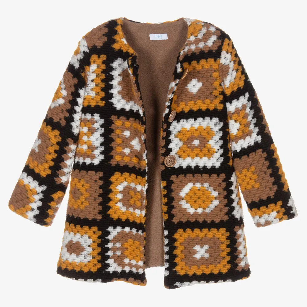 Girls Brown Crochet Coat