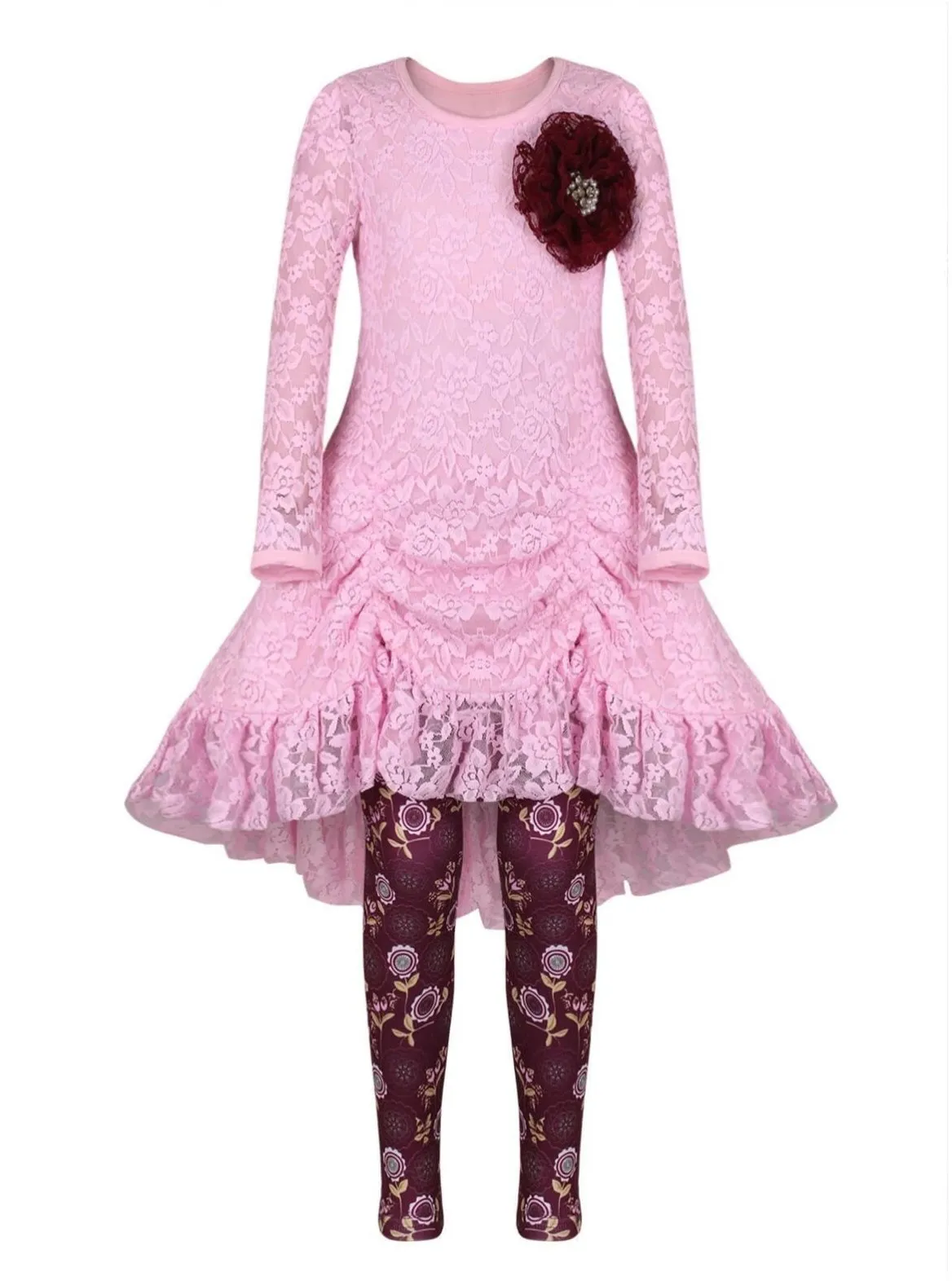 Girls Pink Drawstring Lace Tunic And Floral Legging Set