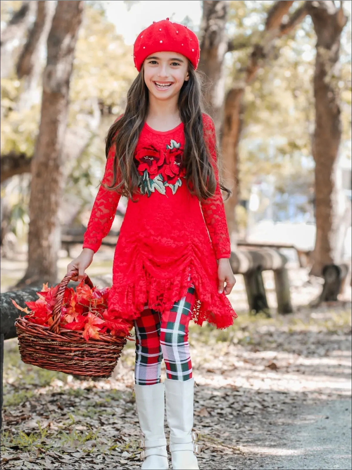 Girls Red Drawstring Lace Tunic And Plaid Legging Set