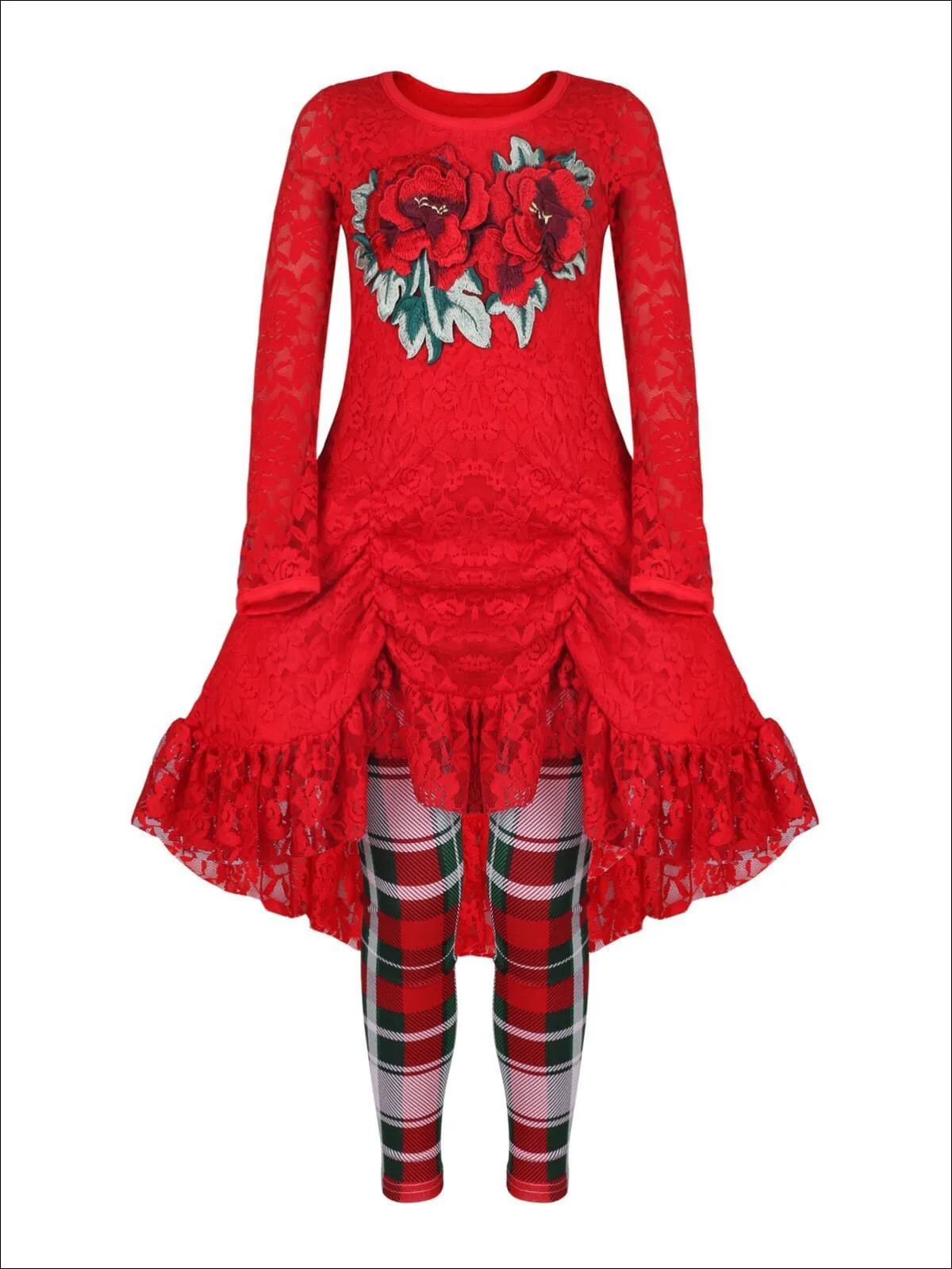 Girls Red Drawstring Lace Tunic And Plaid Legging Set