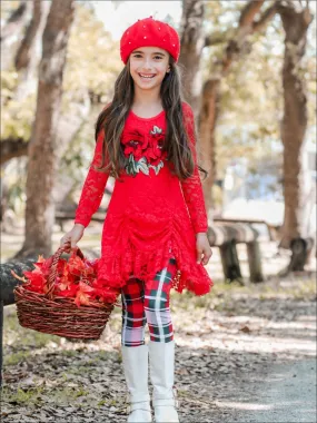 Girls Red Drawstring Lace Tunic And Plaid Legging Set