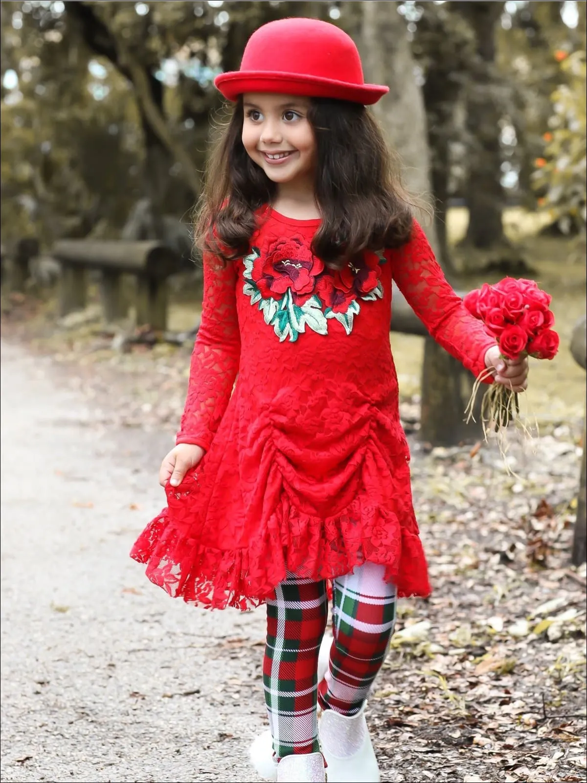 Girls Red Drawstring Lace Tunic And Plaid Legging Set