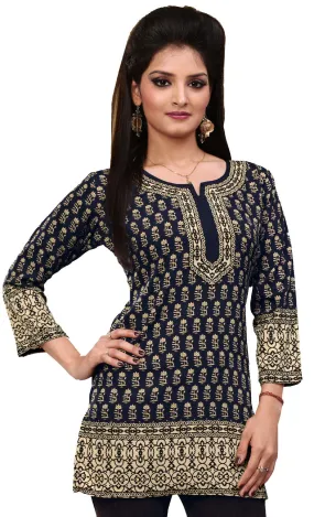 India Tunic Top Kurti Womens Printed Blouse Indian Apparel (Black)