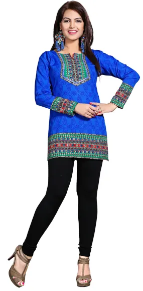 Indian Tunics Kurti Top Long Blouse Womens India Apparel (Blue)