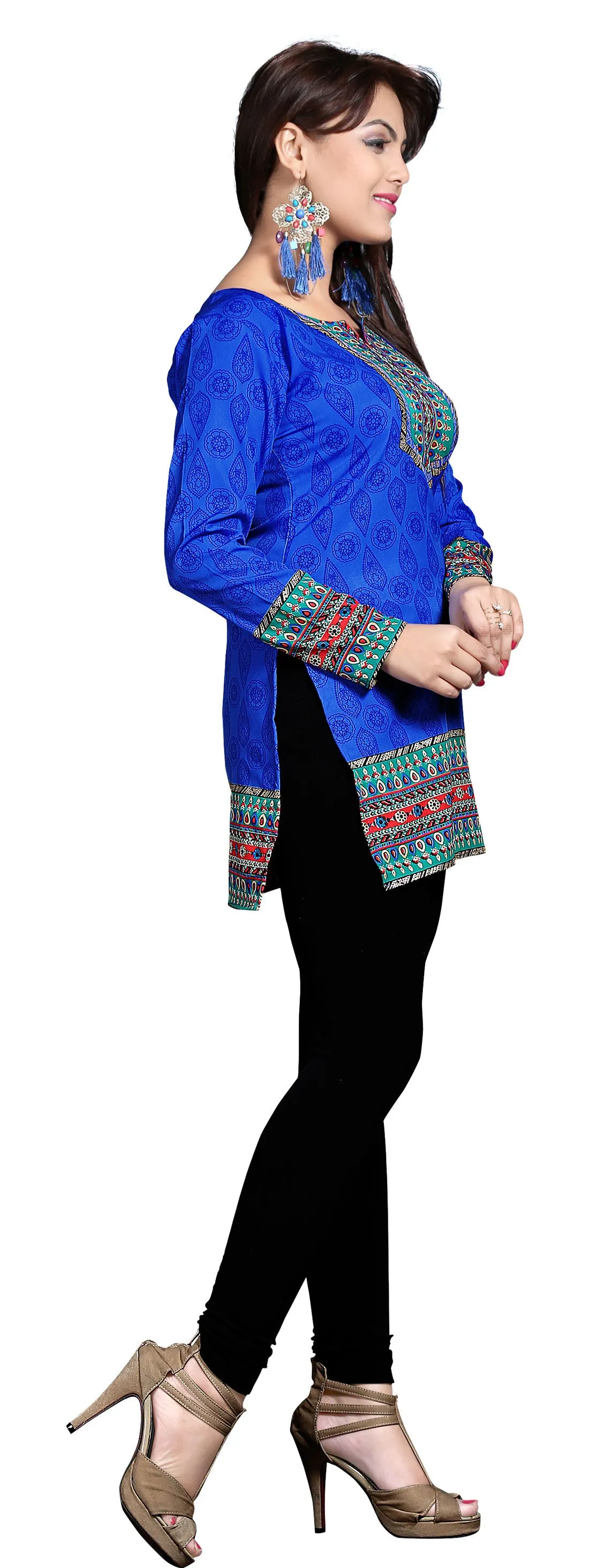 Indian Tunics Kurti Top Long Blouse Womens India Apparel (Blue)