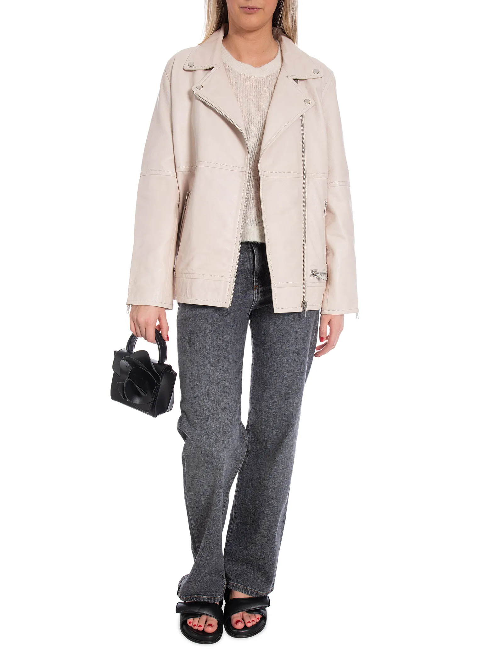 JOFAMA LEATHER JACKET WILMA BOXY BIKER BEIGE