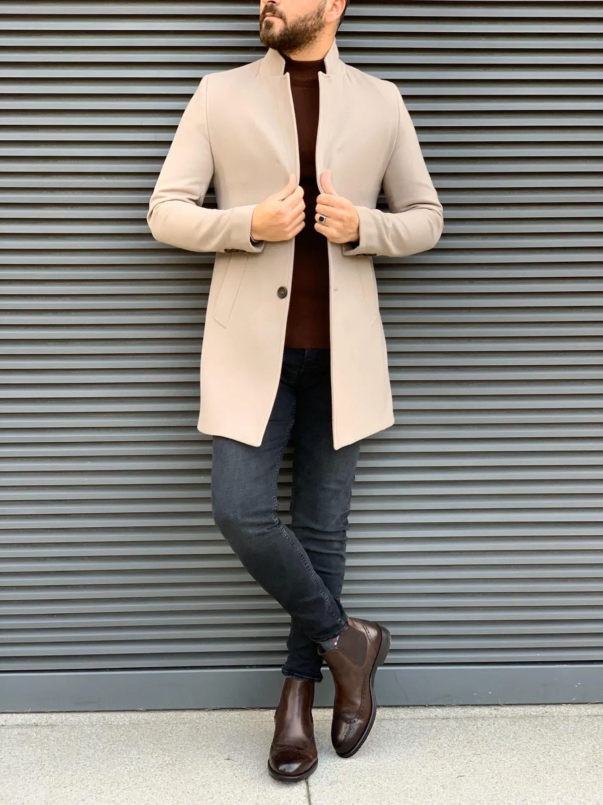 Kenzie Beige Slim Fit Wool Long Coat