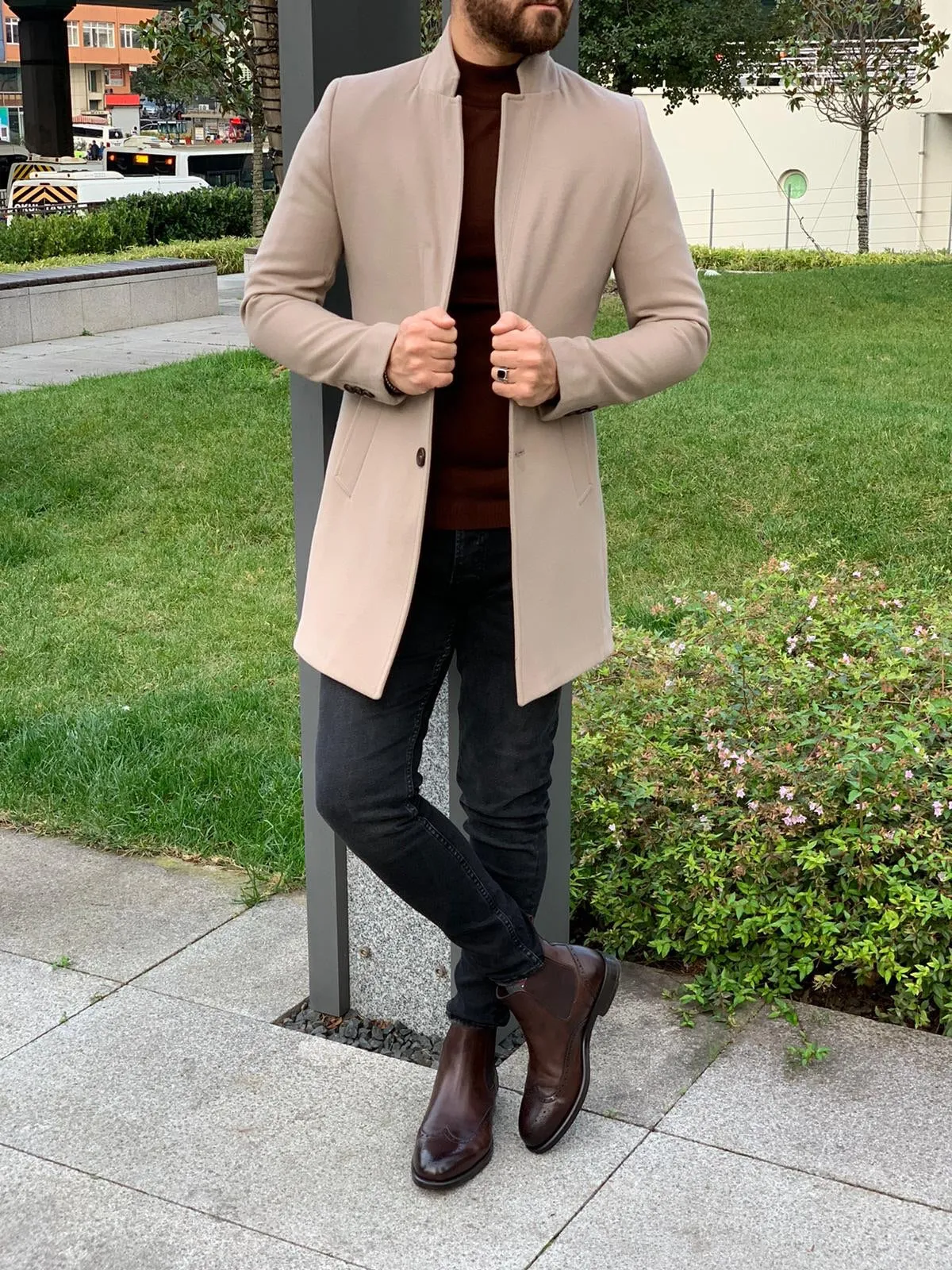 Kenzie Beige Slim Fit Wool Long Coat