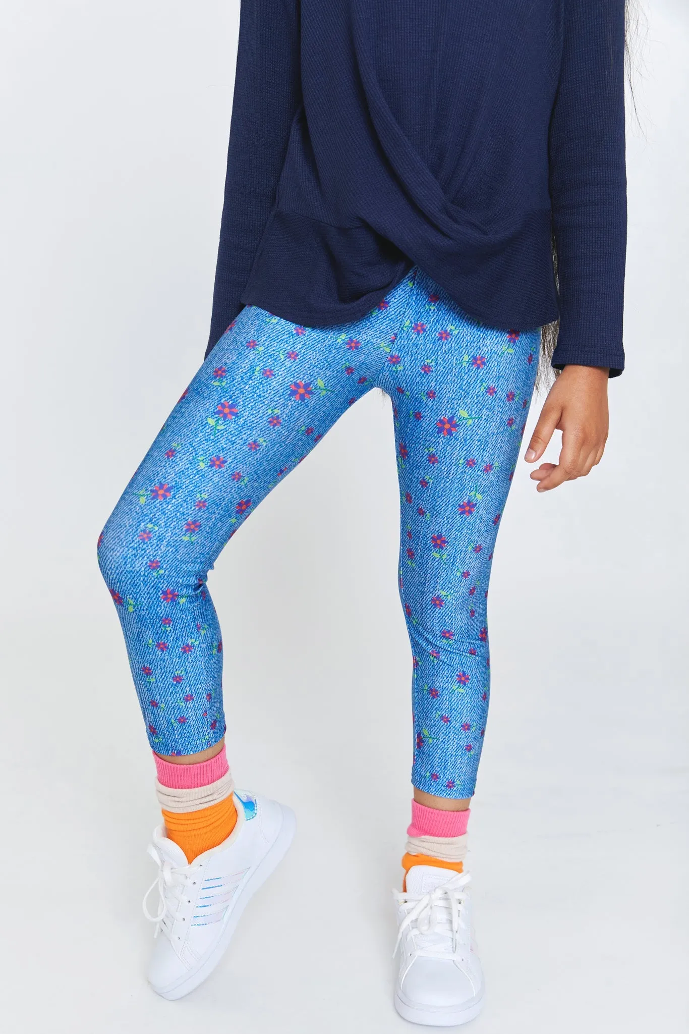 Kids Leggings in Floral Denim