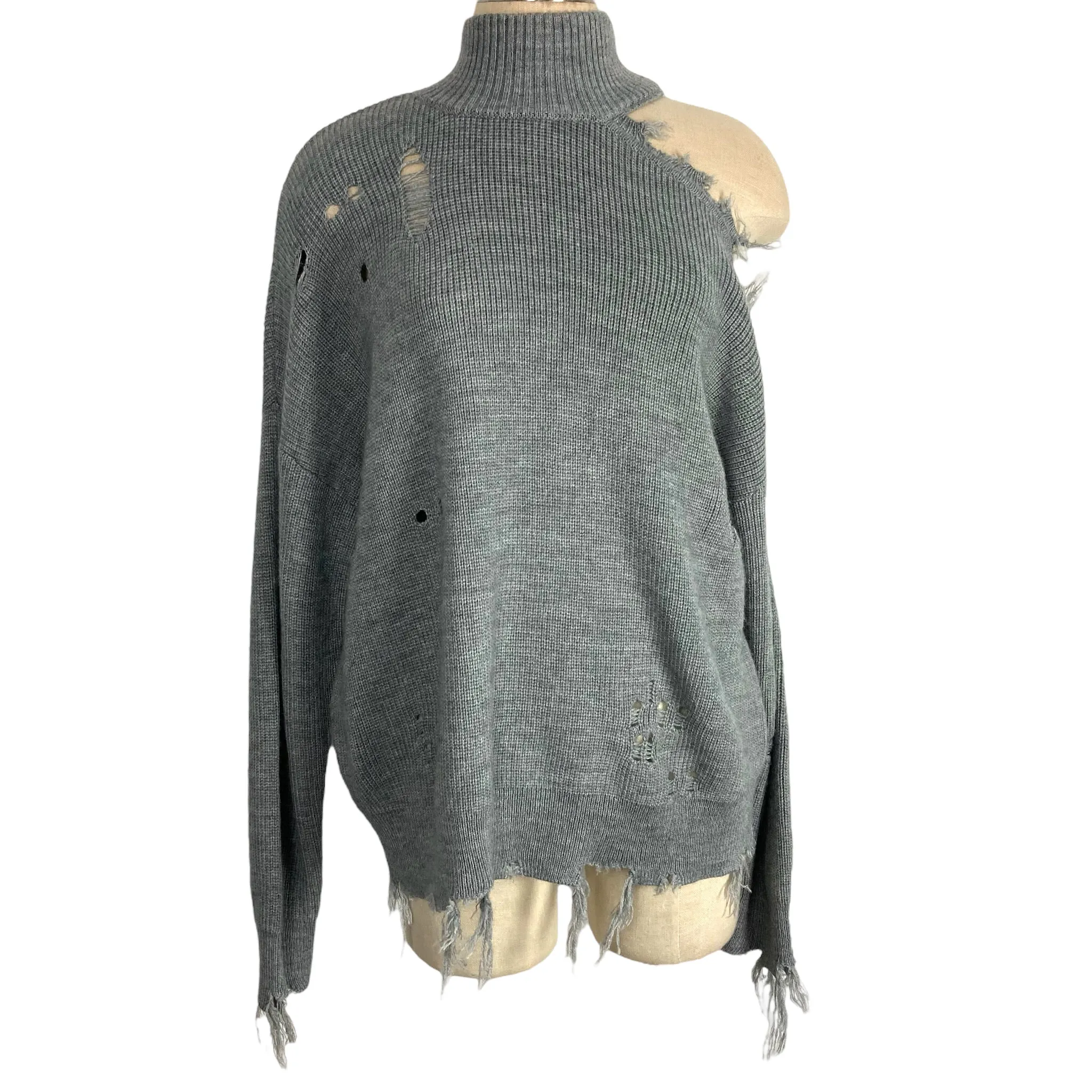 Lovers + Friends Gray Wool Blend Mock Neck Distressed Cold Shoulder Sweater- Size M