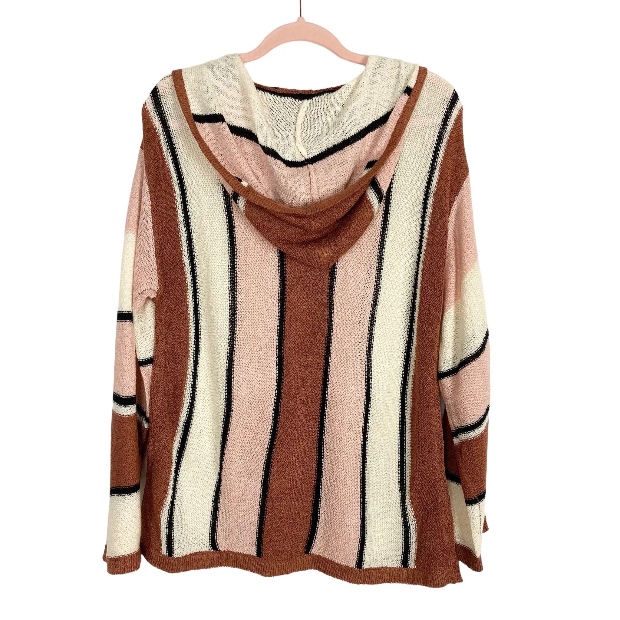 Magnolia Boutique Brown/Pink/Cream/Black Striped Open Knit Hooded Sweater- Size XL (sold out online)