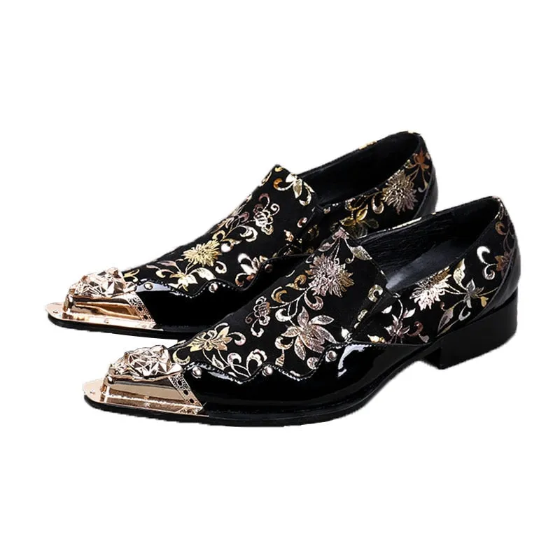 Men's Genuine Leather Golden Floral Printed Handmade Dress Shoes