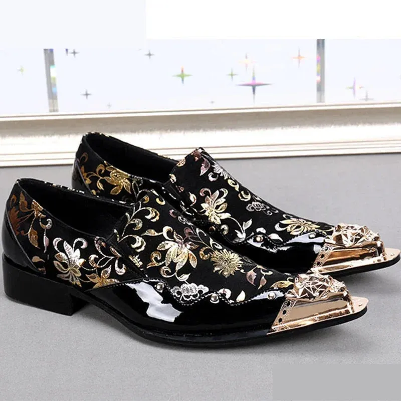 Men's Genuine Leather Golden Floral Printed Handmade Dress Shoes