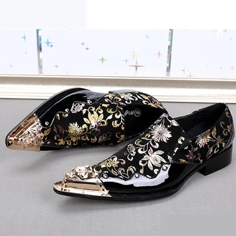 Men's Genuine Leather Golden Floral Printed Handmade Dress Shoes