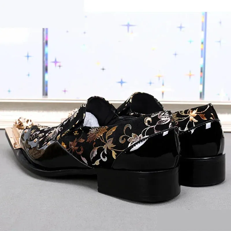 Men's Genuine Leather Golden Floral Printed Handmade Dress Shoes