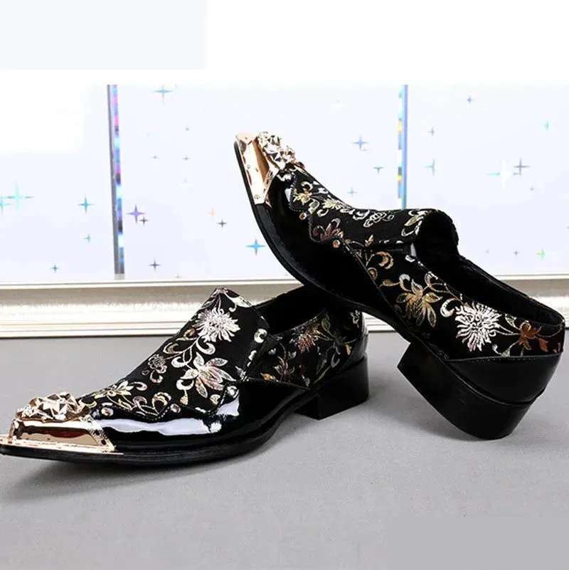 Men's Genuine Leather Golden Floral Printed Handmade Dress Shoes