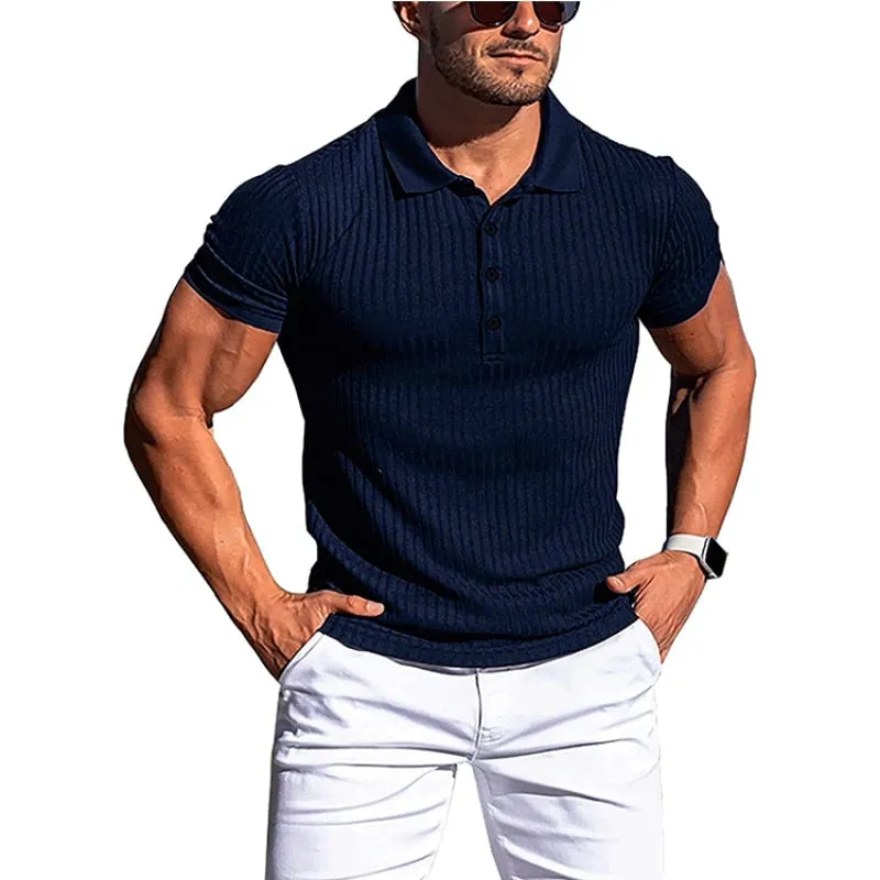 Men's Summer Casual Striped Fitness Slim Fit Short Sleeve Polo T-Shirt