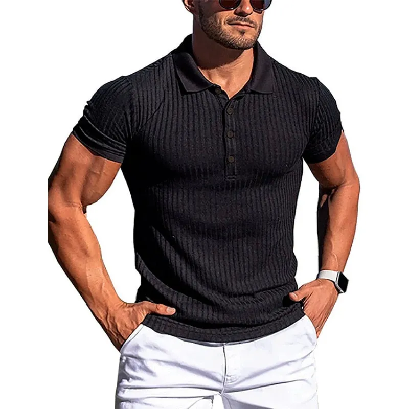 Men's Summer Casual Striped Fitness Slim Fit Short Sleeve Polo T-Shirt