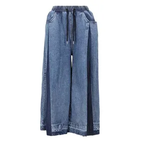 Navy Blue Denim Color-block Wide Leg Jeans Trousers