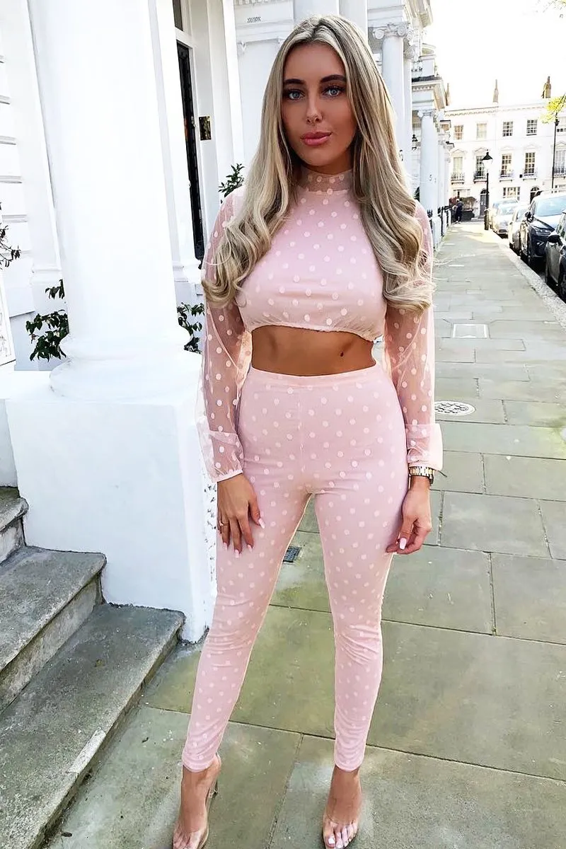 Nude Polka Dot Mesh Crop Top Leggings Co-Ord - Sofia