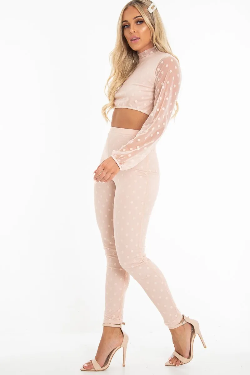 Nude Polka Dot Mesh Crop Top Leggings Co-Ord - Sofia