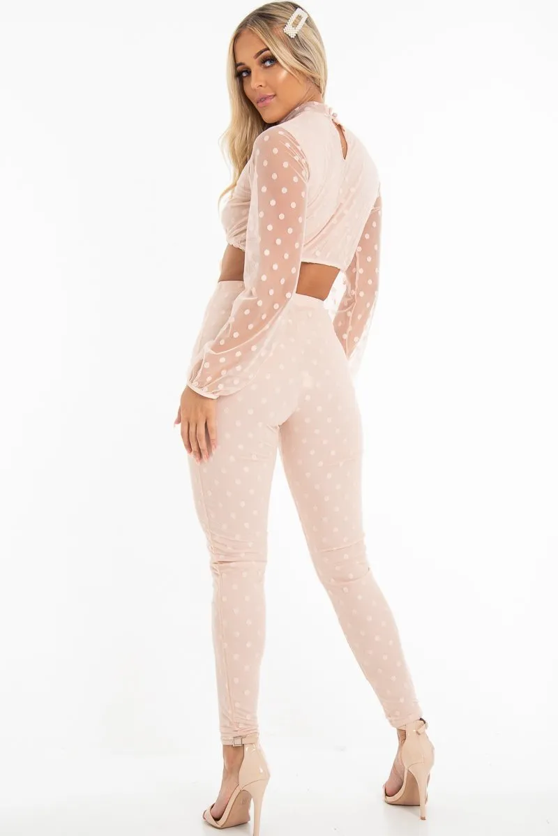 Nude Polka Dot Mesh Crop Top Leggings Co-Ord - Sofia