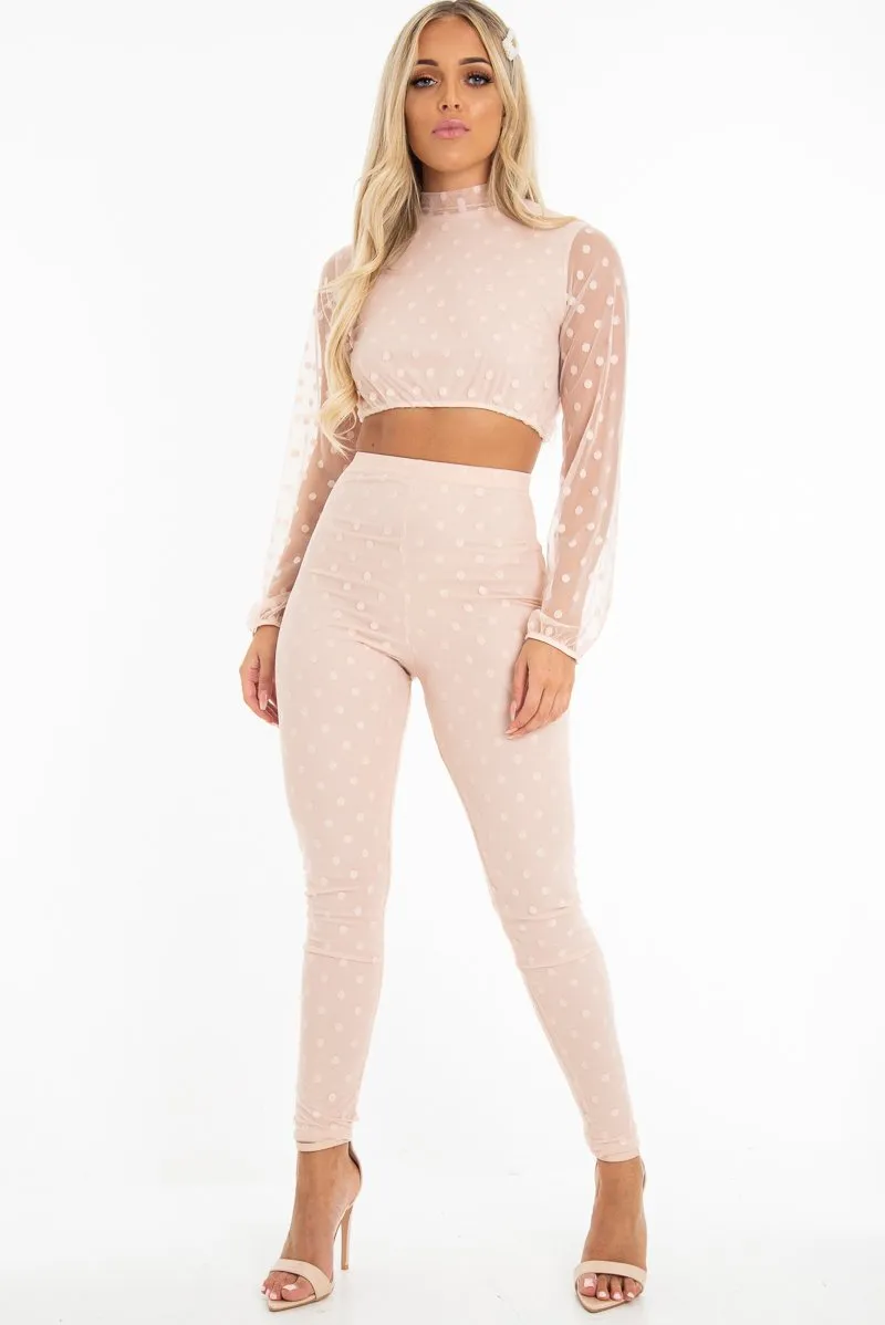 Nude Polka Dot Mesh Crop Top Leggings Co-Ord - Sofia