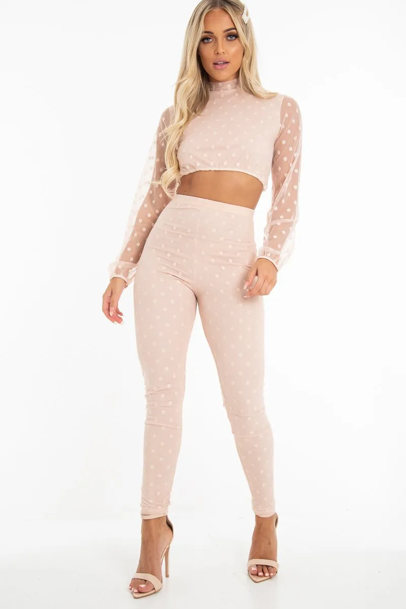 Nude Polka Dot Mesh Crop Top Leggings Co-Ord - Sofia