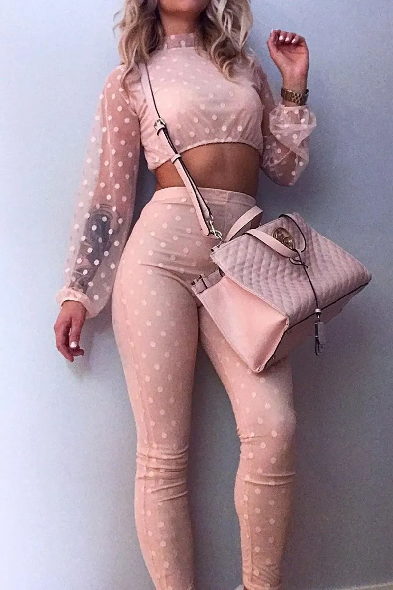 Nude Polka Dot Mesh Crop Top Leggings Co-Ord - Sofia