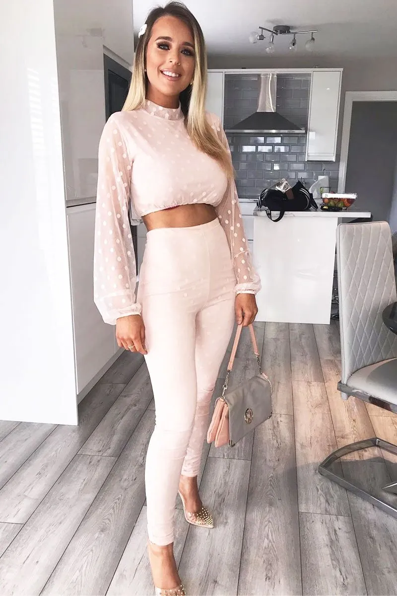 Nude Polka Dot Mesh Crop Top Leggings Co-Ord - Sofia