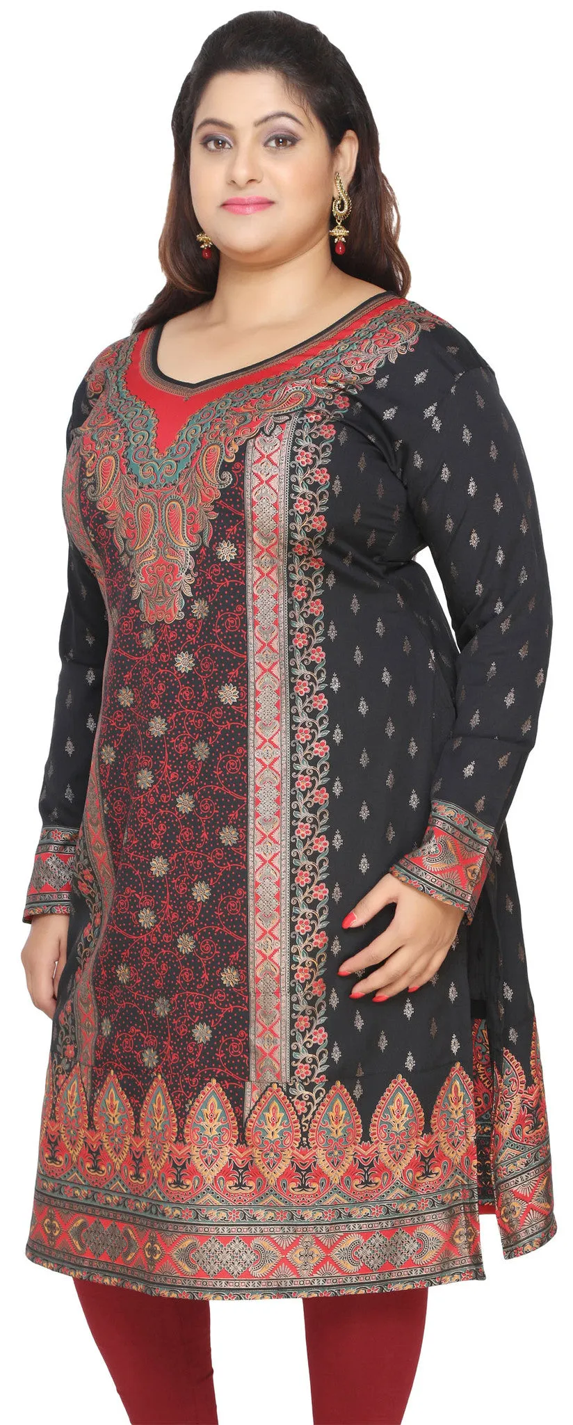 Plus Size Womens Indian Tunics Kurti Long Top Apparel (Black)