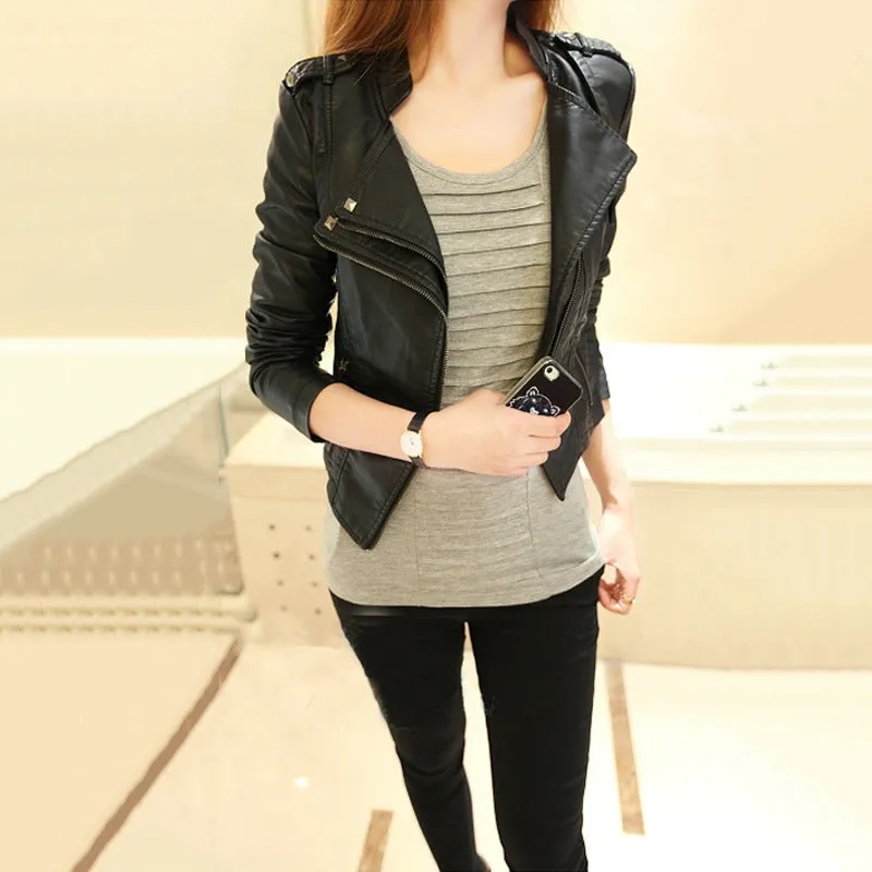 Pu autumn cropped stand-up collar leather jacket