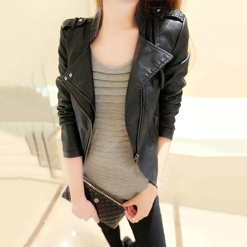 Pu autumn cropped stand-up collar leather jacket