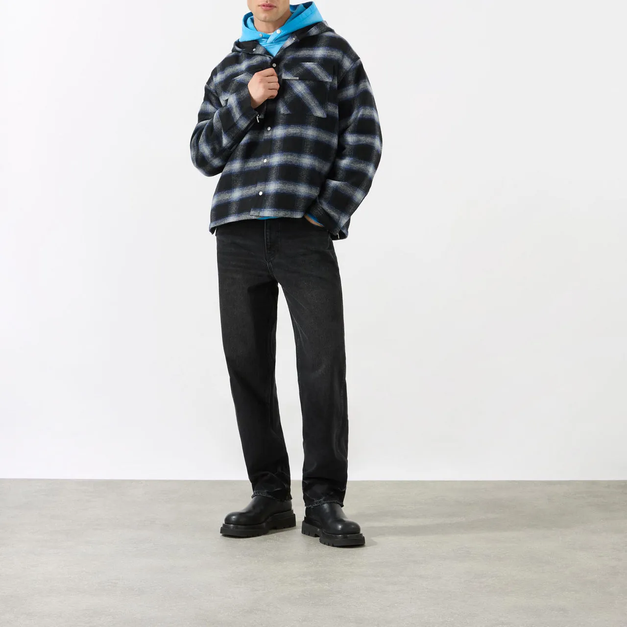 REPRESENT Checked Hooded Overshirt - Navy