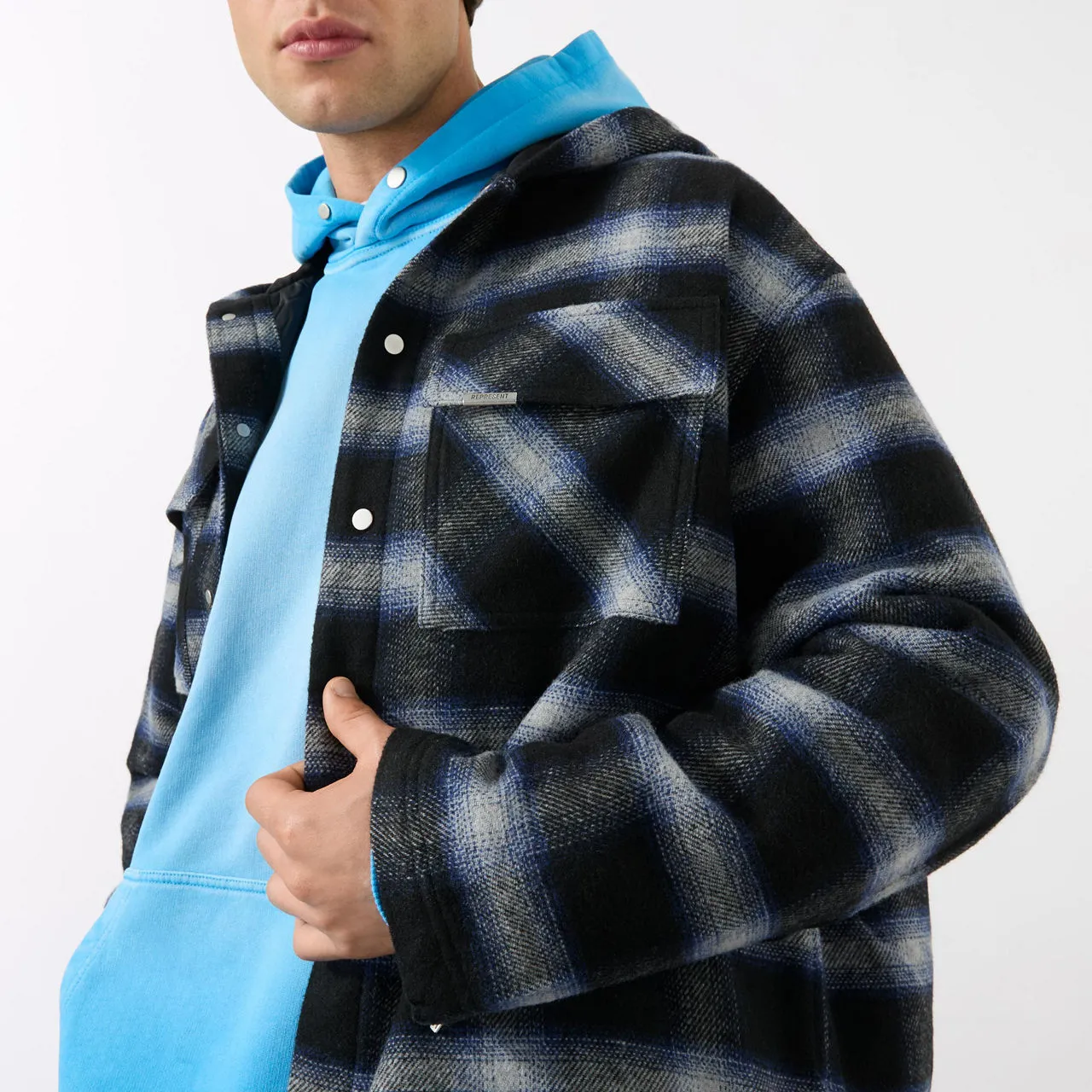 REPRESENT Checked Hooded Overshirt - Navy